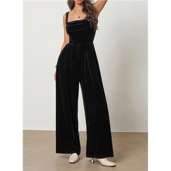 Women's Velvet Jumpsuit Winter Sleeveless Wide Leg Rompers Overall - Picture 4 of 6